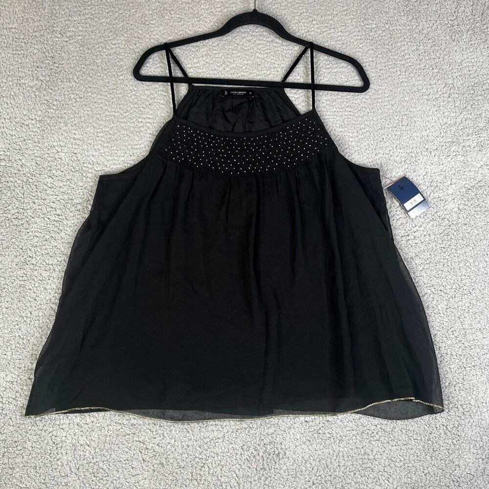 LUCKY BRAND Tank Top Women XL Black Pullover Gold Beaded Lined Lightweight Boho